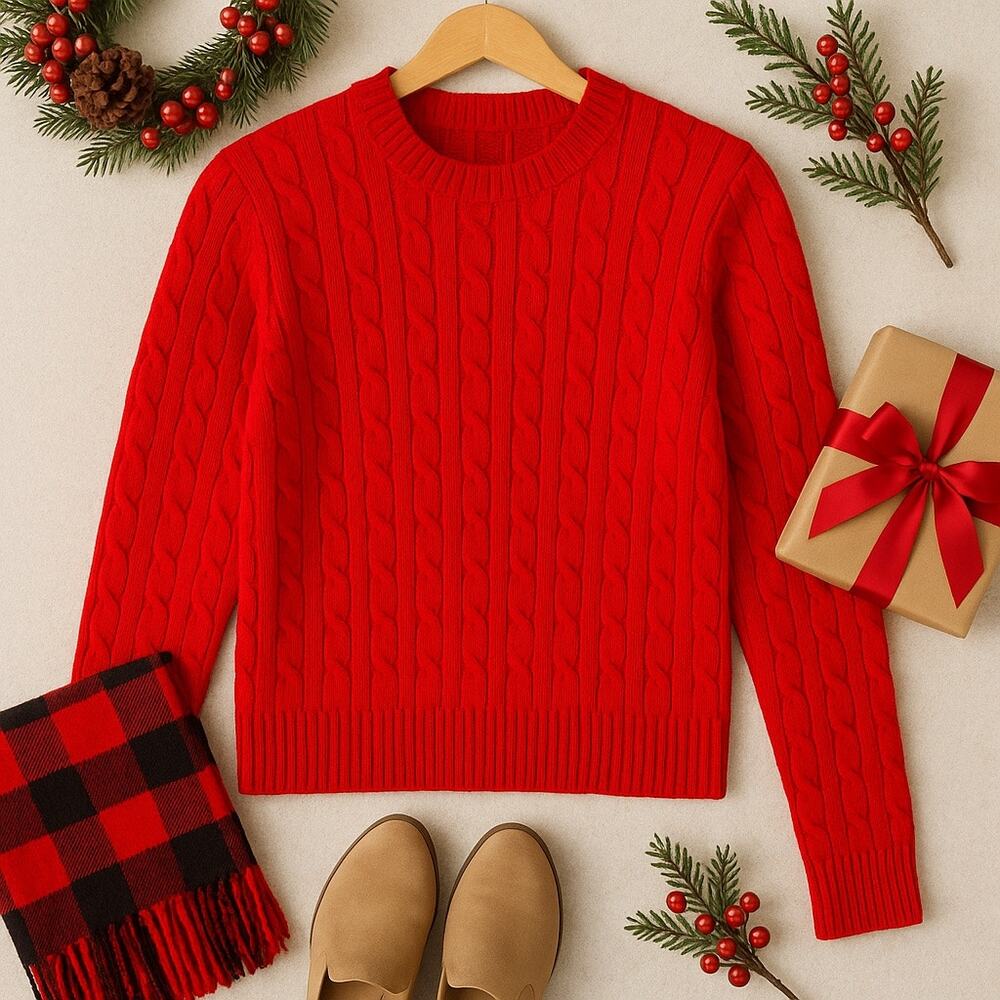 DKNY Red Cable Knit Long Sleeve Crew Neck Sweater Cozy Fall Holidays Pullover M